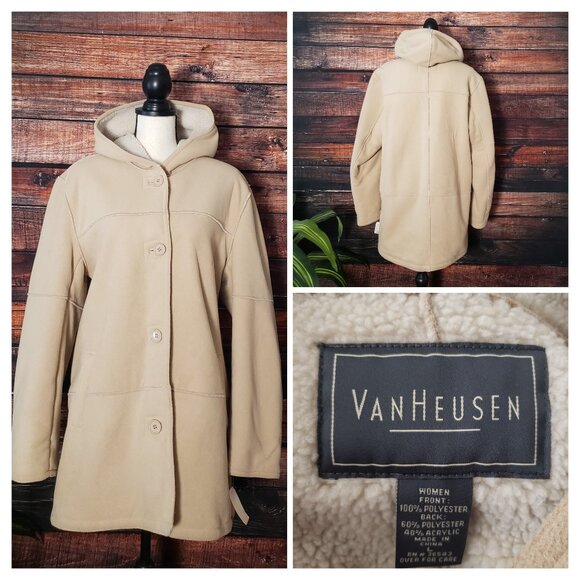 Van Heusen Jackets & Blazers - NWT Van Heusen Vintage Coat Jacket Large Sherpa Lined Hooded Camel Tan Button